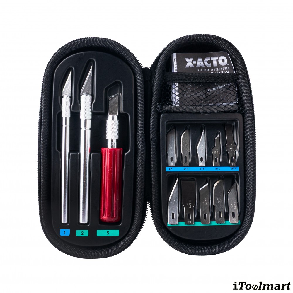 ชุดมีดพื้นฐานพร้อมกระเป๋า X ACTO X5285 ประกอบด้วยมีด 3 เล่ม ใบมีด 13 ใบ และกระเป๋า