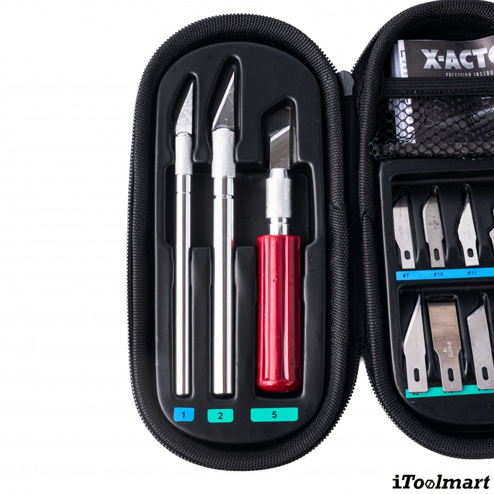 ชุดมีดพื้นฐานพร้อมกระเป๋า X ACTO X5285 ประกอบด้วยมีด 3 เล่ม ใบมีด 13 ใบ และกระเป๋า