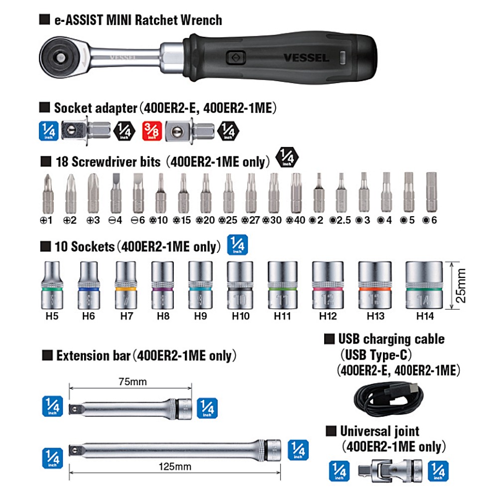 ชุดด้ามฟรีไฟฟ้า VESSEL No.400ER2-1ME e-ASSIST MINI Ratchet Wrench Set (Electric x Manual) แรงบิดสูงสุด 60 Nm.