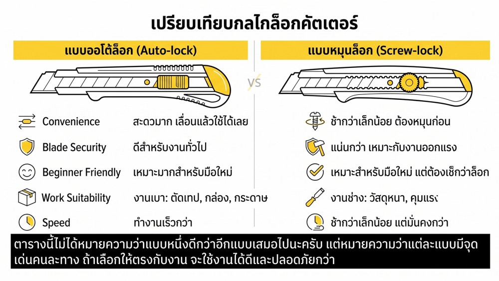 มีดคัตเตอร์ ออโต้ล็อกกับแบบหมุนล็อก ต่างกันตรงไหน