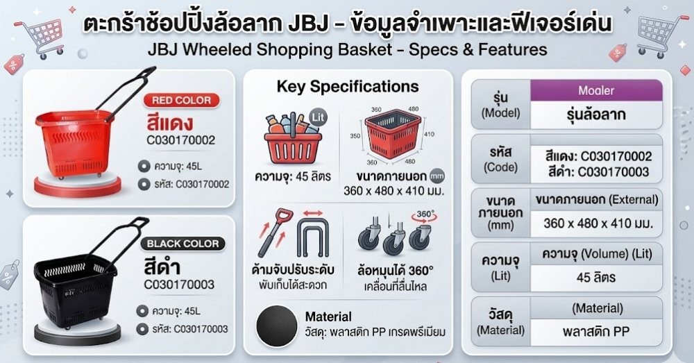 ตะกร้าช้อปปิ้งล้อลาก JBJ ความจุ 45L สีแดง ขนาด 360 x 480 x 410มม 