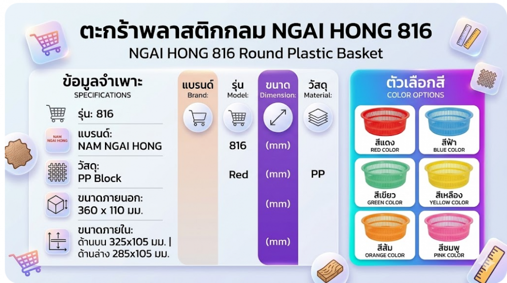 ตะกร้าพลาสติก NAM NGAI HONG 816 แบบกลม สีแดง ขนาด 360 x 110 มม 
