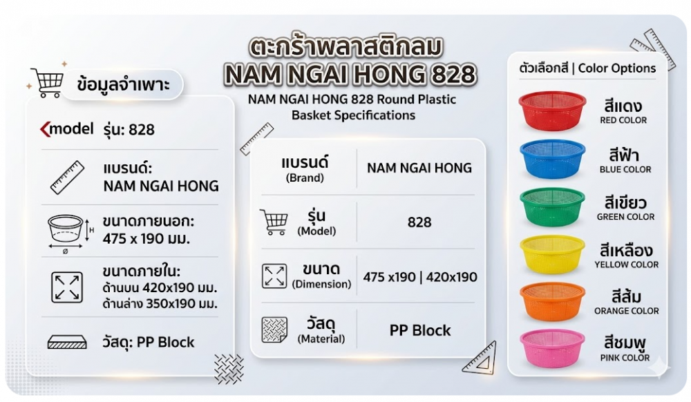 ตะกร้าพลาสติก NAM NGAI HONG 828 แบบกลม สีแดง ขนาด 475 x 190 มม 