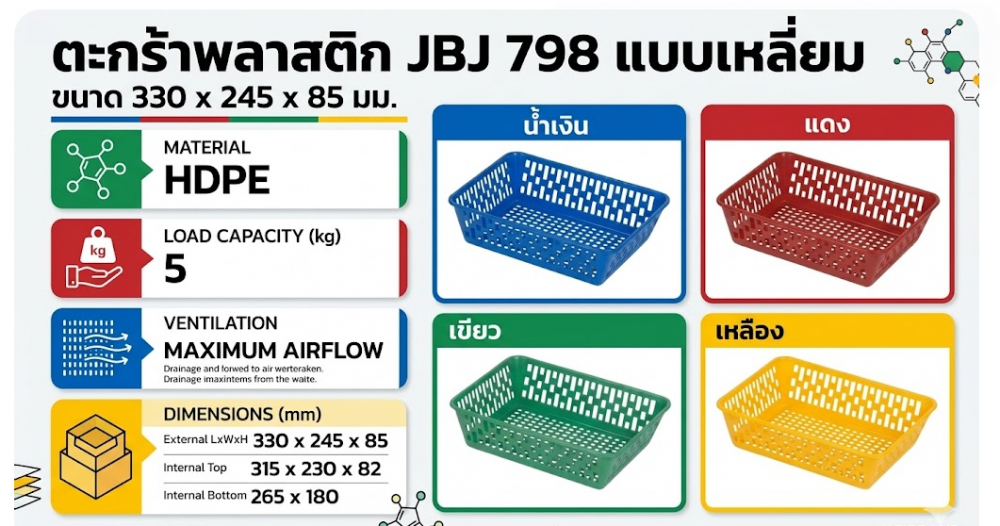 ตะกร้าพลาสติก JBJ 798 แบบเหลี่ยม สีแดง ขนาด 330 x 245 x 85 มม 