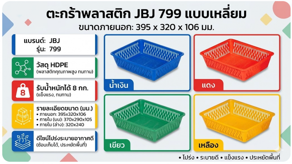 ตะกร้าพลาสติก JBJ 799 แบบเหลี่ยม สีแดง ขนาด 395 x 320 x 106 มม 