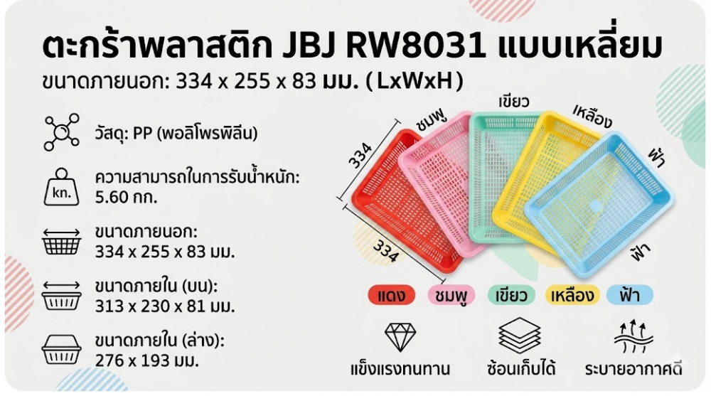 ตะกร้าพลาสติก JBJ RW8031 แบบเหลี่ยม สีเหลือง ขนาด 334 x 255 x 83 มม 