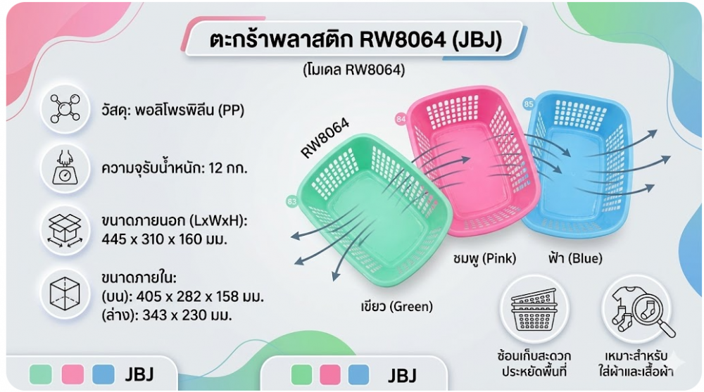 ตะกร้าพลาสติก JBJ RW8064 สีฟ้า ขนาด 445 x 310 x 160 มม 