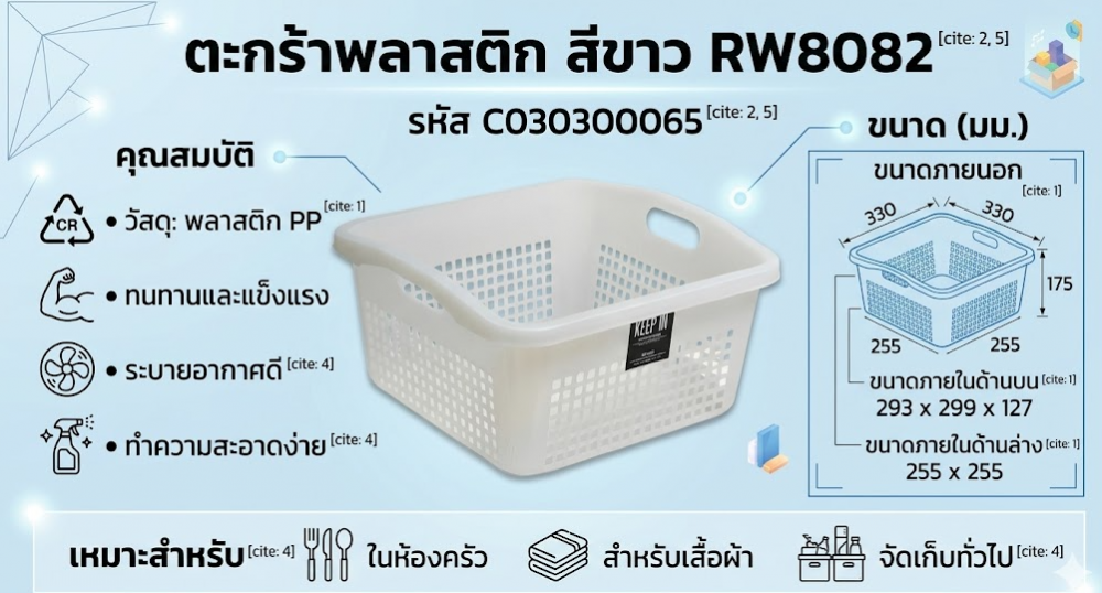 ตะกร้าพลาสติก KEEP IN RW8082 สีขาว ขนาด 330 x 330 x 175 มม 