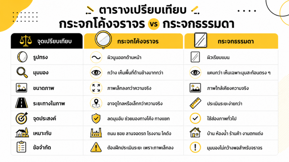 กระจกจราจรกับกระจกธรรมดาต่างกันยังไง ทำไมมุมอับต้องใช้กระจกนูน กระจกจราจรกับกระจกธรรมดาต่างกันยังไง ทำไมมุมอับต้องใช้กระจกนูน