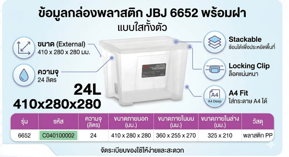 กล่องพลาสติกพร้อมฝา JBJ 6652 แบบใสทั้งตัว ความจุ 24L ขนาด 410 x 280 x 280 มม 