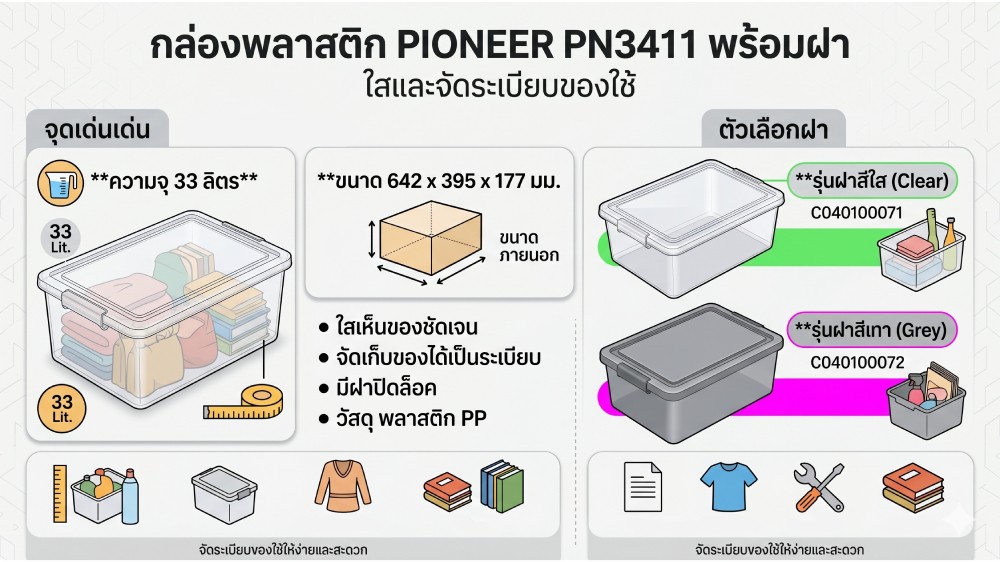 กล่องพลาสติก PIONEER PN3411 พร้อมฝาสีใส ความจุ 33L ขนาด 642 x 395 x 177 มม 