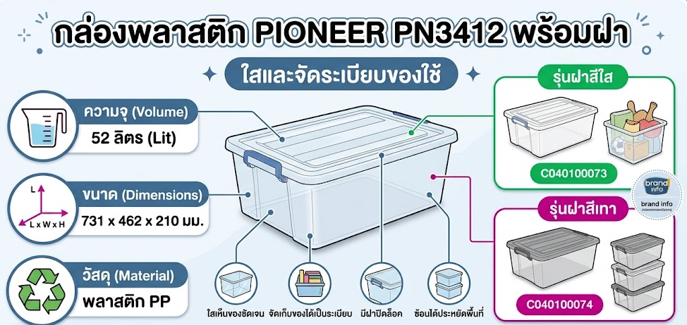 กล่องพลาสติก PIONEER PN3412 พร้อมฝาสีใส ความจุ 52L ขนาด 731 x 462 x 210 มม 