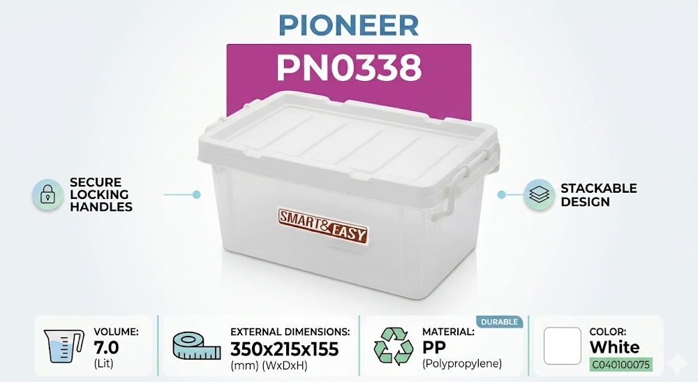 กล่องพลาสติก PIONEER PN0338 พร้อมฝาสีขาว ความจุ 7L ขนาด 350 x 215 x 155 มม 