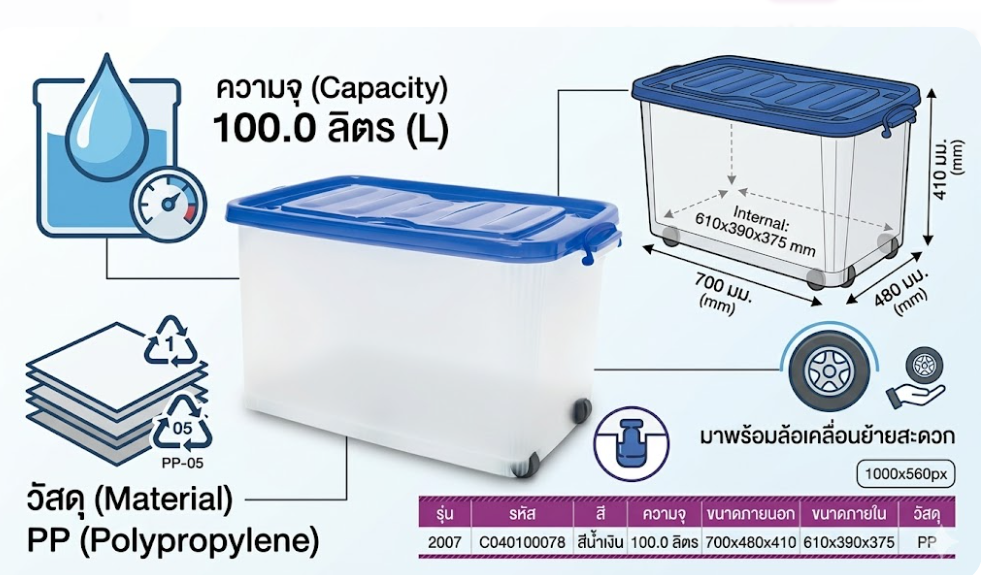 กล่องพลาสติก JBJ 2007 พร้อมฝาสีน้ำเงินมีล้อ ความจุ 100L ขนาด 700 x 480 x 410 มม 