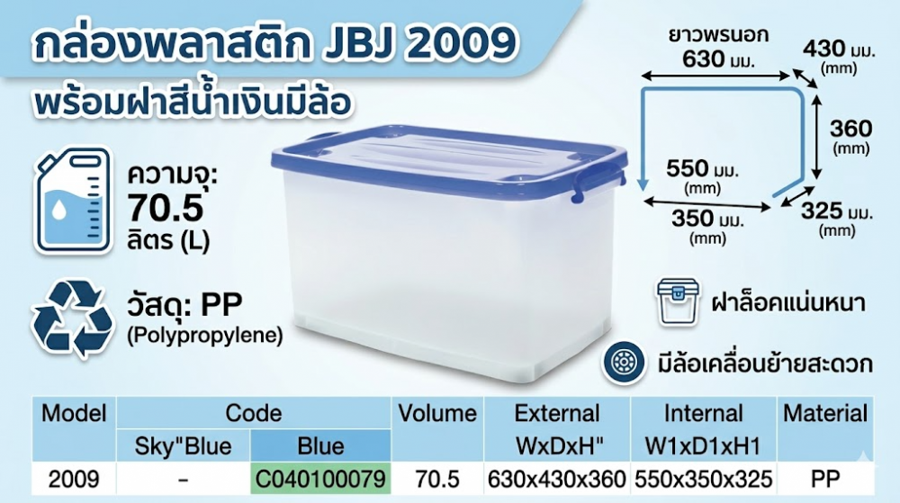 กล่องพลาสติก JBJ 2009 พร้อมฝาสีน้ำเงินมีล้อ ความจุ 70 5L ขนาด 630 x 430 x 360 มม 