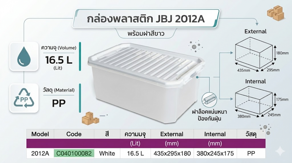 กล่องพลาสติก JBJ 2012A พร้อมฝาสีขาว ความจุ 16 5L ขนาด 435 x 295 x 180 มม 