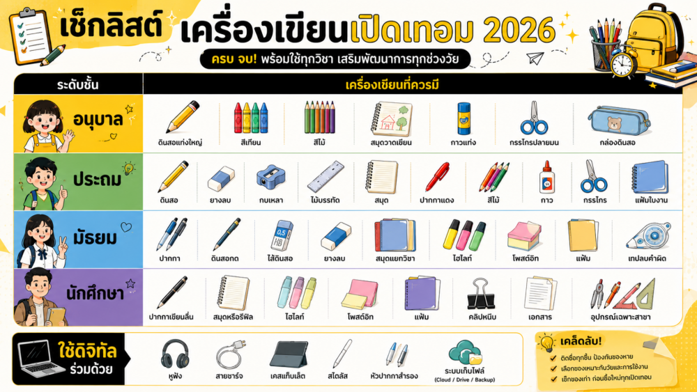 เครื่องเขียนเปิดเทอม 2026 ต้องมีอะไรบ้าง เช็กลิสต์ของจำเป็นสำหรับนักเรียนทุกระดับ เตรียมให้ครบแบบไม่ซื้อเกินจำเป็น เครื่องเขียนเปิดเทอม 2026 ต้องมีอะไรบ้าง เช็กลิสต์ของจำเป็นสำหรับนักเรียนทุกระดับ เตรียมให้ครบแบบไม่ซื้อเกินจำเป็น