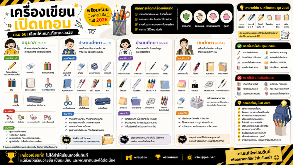 เครื่องเขียนเปิดเทอม 2026 ต้องมีอะไรบ้าง เช็กลิสต์ของจำเป็นสำหรับนักเรียนทุกระดับ เตรียมให้ครบแบบไม่ซื้อเกินจำเป็น เครื่องเขียนเปิดเทอม 2026 ต้องมีอะไรบ้าง เช็กลิสต์ของจำเป็นสำหรับนักเรียนทุกระดับ เตรียมให้ครบแบบไม่ซื้อเกินจำเป็น