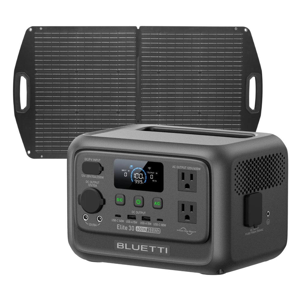 ชุดพาวเวอร์บ็อก พร้อมแผงโซลาร์เซลล์พกพา&nbsp;Bluetti&nbsp;Elite 30 V2  600W 288Wh  x Kampf KP 100 Solar panel 100W