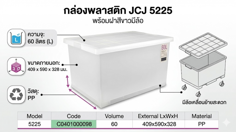 กล่องพลาสติก JCJ 5225 พร้อมฝาสีขาวมีล้อ ความจุ 60L ขนาด 409 x 590 x 328 มม 