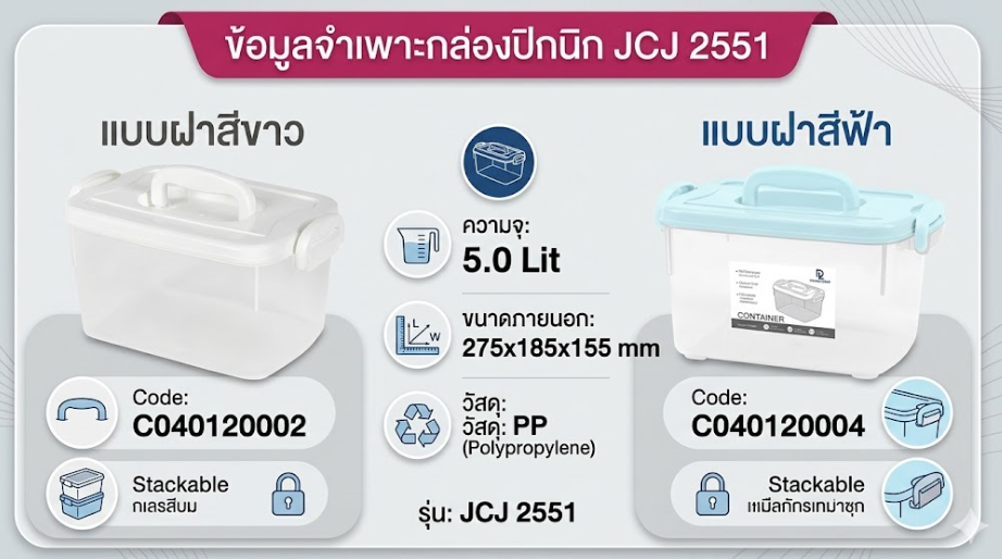 กล่องปิกนิกใส JCJ 2551 พร้อมฝาสีขาว หูล็อก ความจุ 5L ขนาด 275 x 185 x 155 มม 