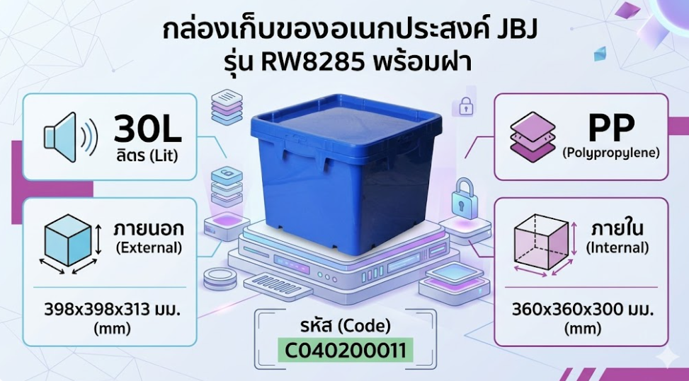 กล่องเก็บของอเนกประสงค์ JBJ RW8285 พร้อมฝา ความจุ 30L ขนาด 398 x 398 x 313 มม 