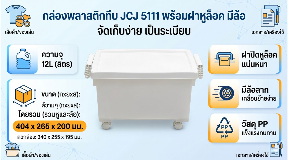 กล่องพลาสติกทึบ JCJ 5111 พร้อมฝาหูล็อค มีล้อ ความจุ 12L ขนาด 404 x 265 x 200 มม 