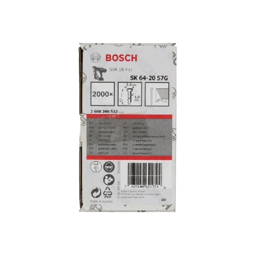 ลูกตะปูยิงไม้ BOSCH SK64 20 16G 57MM สำหรับเครื่อง GSK 18 V Li