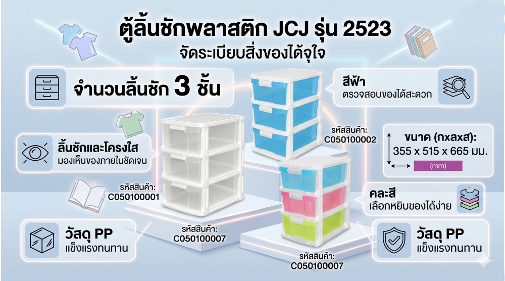 ตู้ลิ้นชักพลาสติก 3 ชั้น JCJ 2523 พร้อมโครงใส ลิ้นชักสีขาวใส ขนาด 355 x 515 x 665 มม 