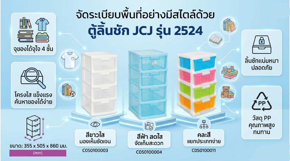 ตู้ลิ้นชักพลาสติก 4 ชั้น JCJ 2524 พร้อมโครงใส ลิ้นชักสีขาวใส ขนาด 355 x 505 x 860 มม 
