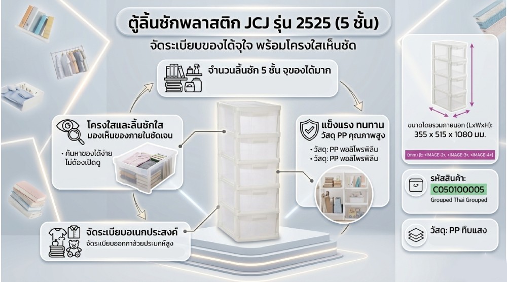 ตู้ลิ้นชักพลาสติก 5 ชั้น JCJ 2525 พร้อมโครงใส ลิ้นชักสีขาวใส ขนาด 355 x 515 x 1080 มม 