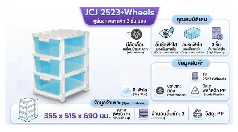 ตู้ลิ้นชักพลาสติก 3 ชั้น JCJ 2523 พร้อมโครงใส ลิ้นชักฟ้าใส มีล้อ ขนาด 355 x 515 x 690 มม 