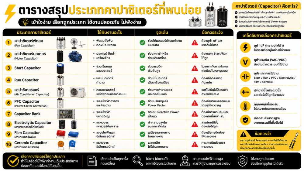 คาปาซิเตอร์มีกี่ประเภท รู้จักคาปาแต่ละแบบ ใช้งานต่างกันยังไง เลือกผิดมีผลอะไรบ้าง คาปาซิเตอร์มีกี่ประเภท รู้จักคาปาแต่ละแบบ ใช้งานต่างกันยังไง เลือกผิดมีผลอะไรบ้าง