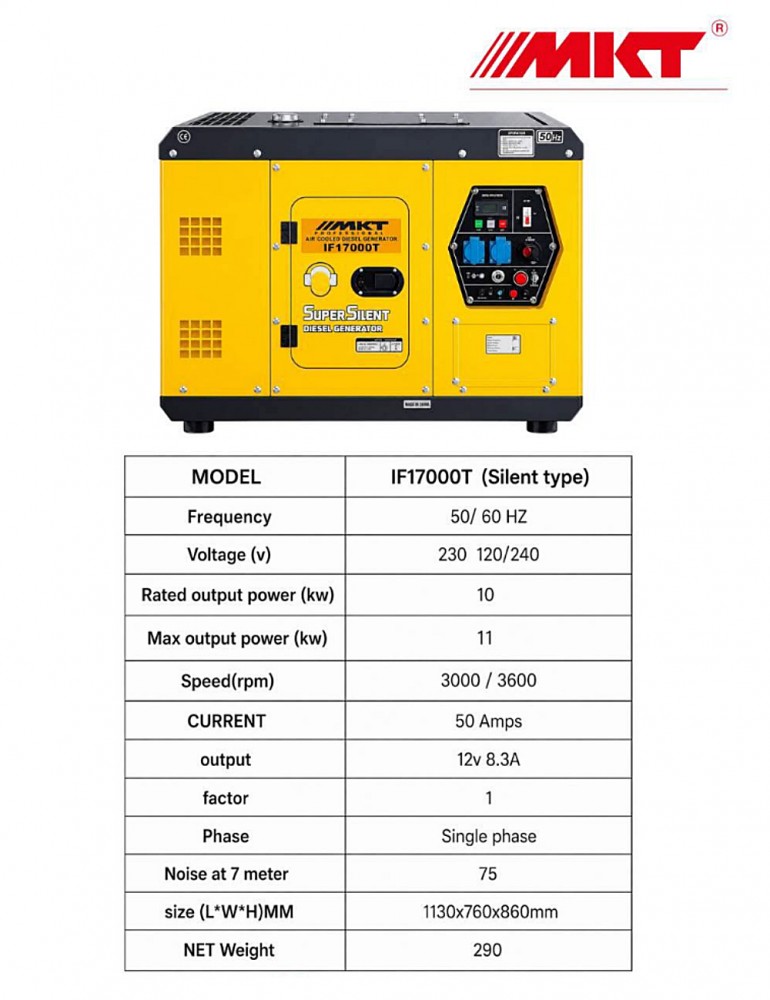 เครื่องปั่นไฟฟ้าดีเซล MKT IF17000T Super Silent Diesel Generator ชนิดเสียงเงียบ กำลังไฟสูงสุด 11 kW