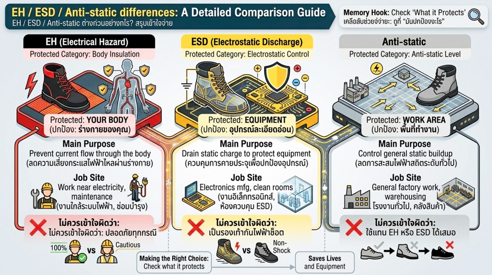 เช็กให้ชัวร์ EH ESD Antistatic บนรองเท้าเซฟตี้ ต่างกันยังไง เช็กให้ชัวร์ EH ESD Antistatic บนรองเท้าเซฟตี้ ต่างกันยังไง