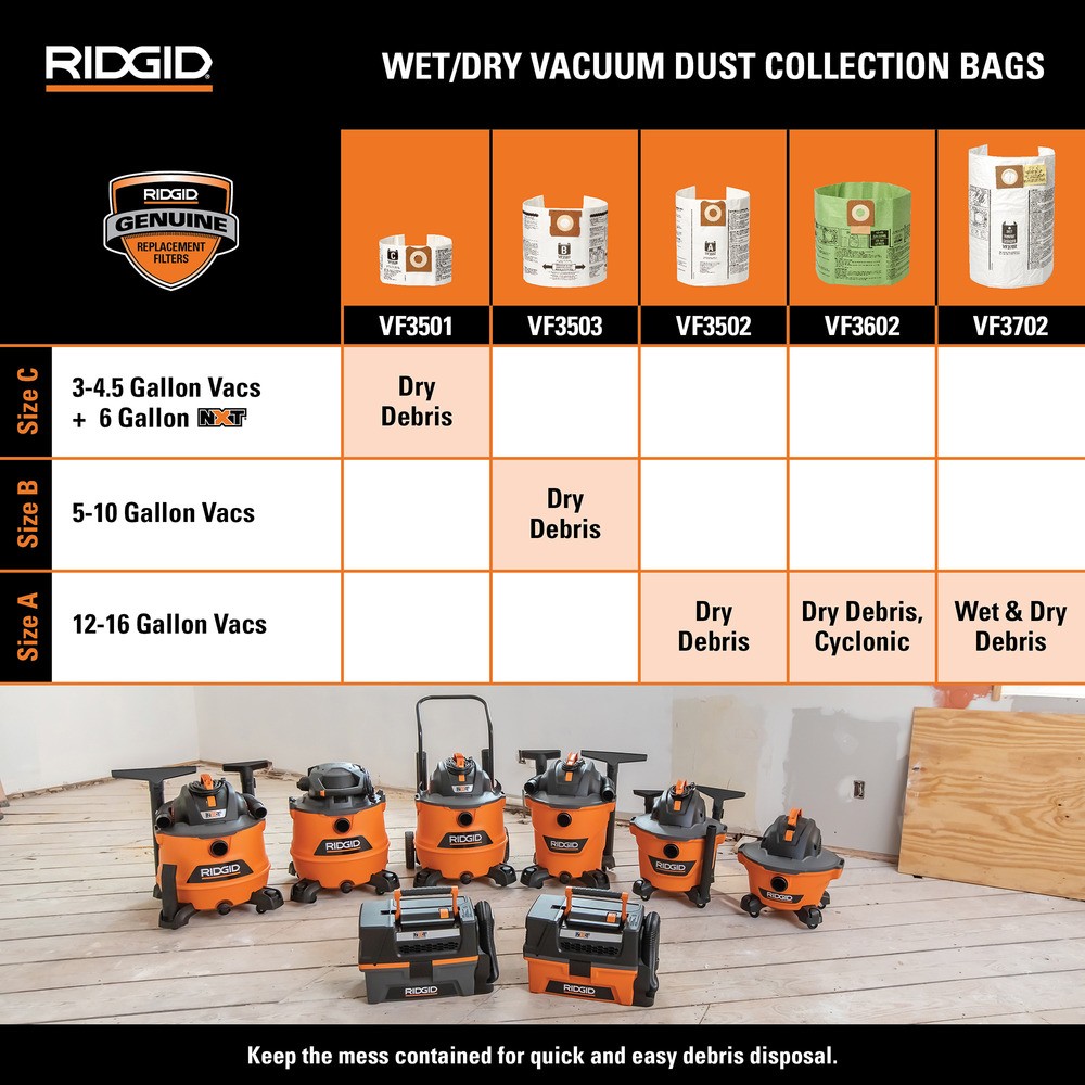 ถุงเก็บฝุ่น RIDGID VF3502 สำหรับเครื่องดูดฝุ่นเปียก แห้งขนาด 12 16 แกลลอน  แพ็ค 2 ชิ้น 