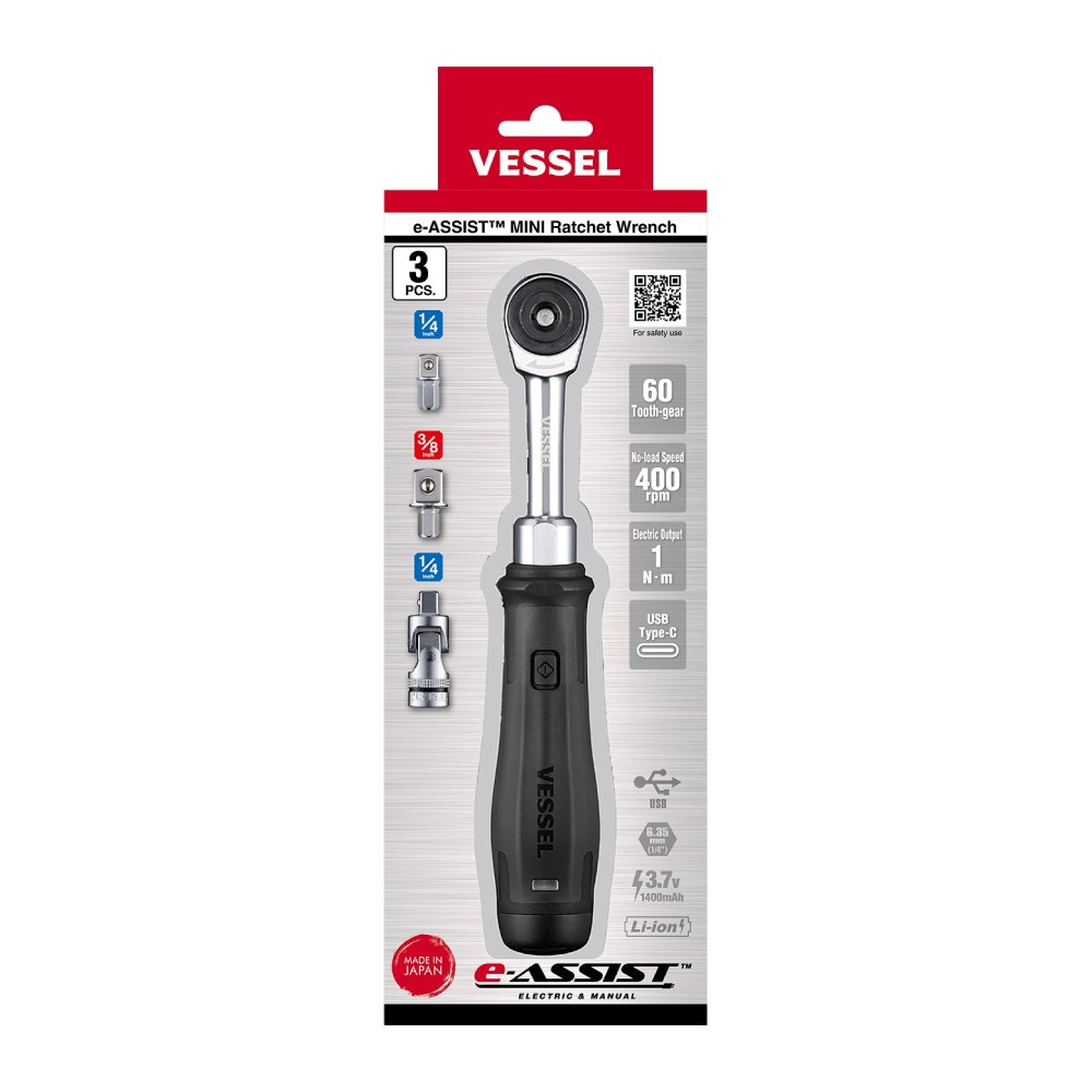 ด้ามฟรีไฟฟ้า VESSEL No 400ER2 E e ASSIST MINI Ratchet Wrench  Electric x Manual  แรงบิดสูงสุด 60 Nm 