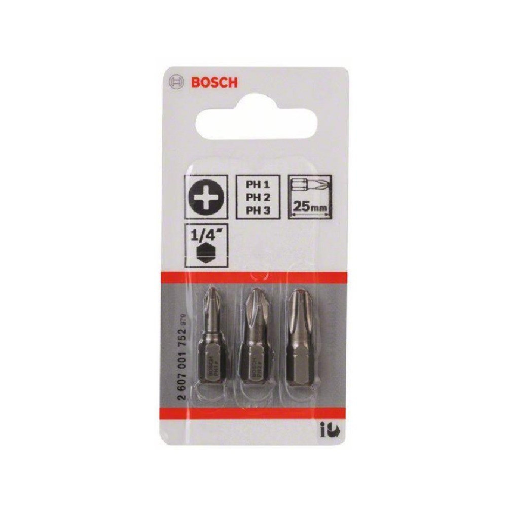 ดอกไขควง BOSCH 2 607 001 752 Insert Bit PH1   PH2   PH3 ขนาด 25 มม   แพ็ค 3 ชิ้น 