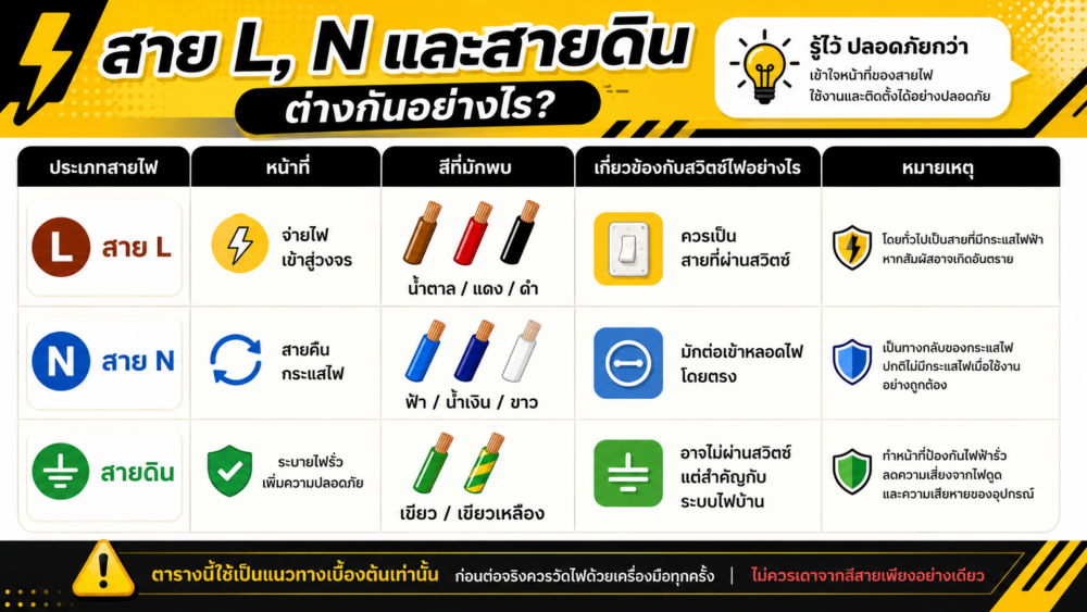 วิธีต่อสวิตช์ไฟ 1 ทาง แบบเข้าใจง่าย พร้อมวิธีดูสาย L และ N ก่อนต่อจริง