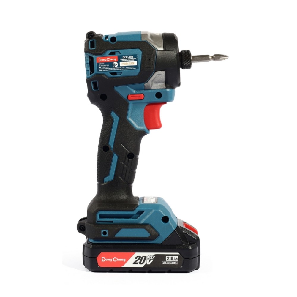 สว่านไขควงกระแทกไร้สาย DONG CHENG DCPL208 ADM 20V  BL Motor 208 Nm พร้อมแบต 2 0Ah x  1 ก้อน     แท่นชาร์จ