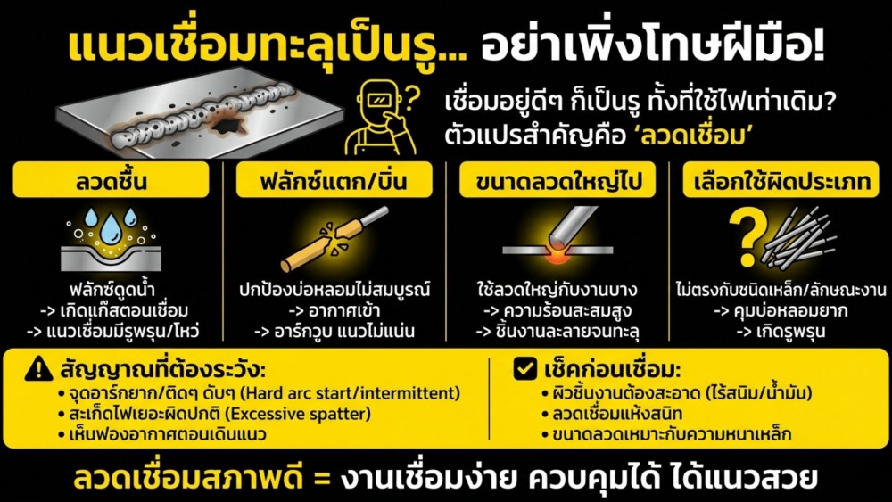 ลวดเชื่อม มีปัญหา อาจทำให้แนวเชื่อมทะลุเป็นรูได้ ไม่ใช่เพราะฝีมือ ลวดเชื่อม มีปัญหา อาจทำให้แนวเชื่อมทะลุเป็นรูได้ ไม่ใช่เพราะฝีมือ