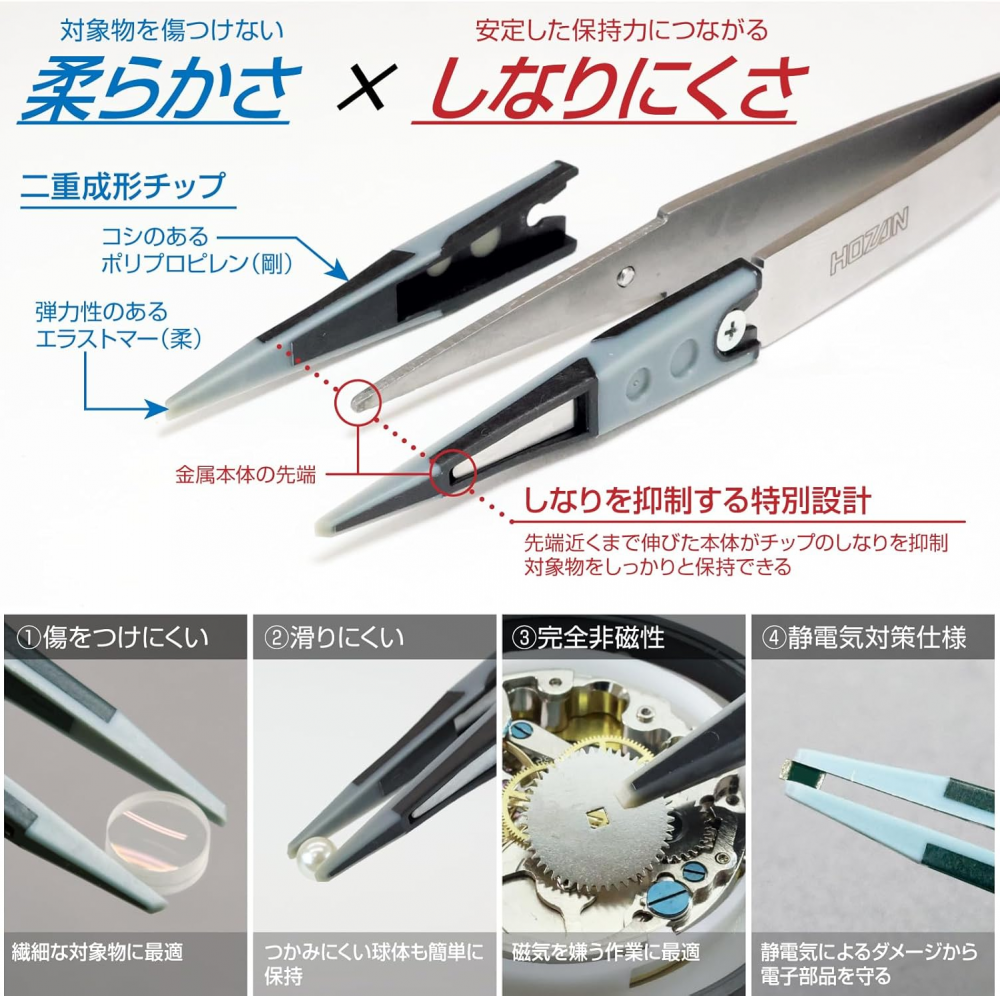 แหนบปลายยางกันไฟฟ้าสถิต HOZAN P 640 J งานอิเล็กทรอนิกส์ละเอียด