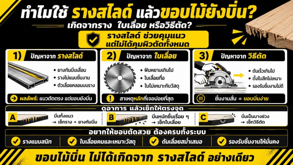 ทำไม ใช้ รางสไลด์ แล้วขอบไม้ยังบิ่น เกิดจากราง ใบเลื่อย หรือวิธีตัด ทำไม ใช้ รางสไลด์ แล้วขอบไม้ยังบิ่น เกิดจากราง ใบเลื่อย หรือวิธีตัด