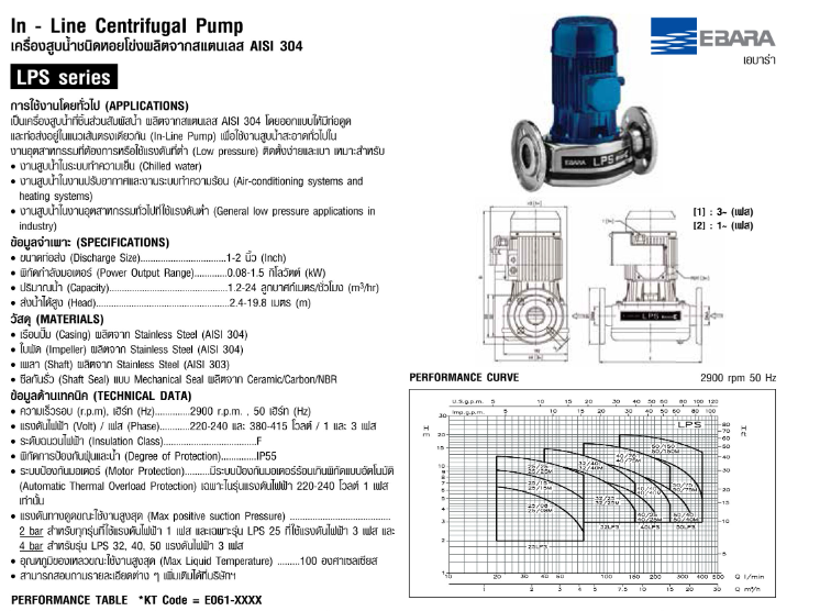 ปั๊มหอยโข่ง Ebara LPS 50/75M ปั๊มแสตนเลส IN-LINE 2 สาย 2 นิ้ว x 2 นิ้ว