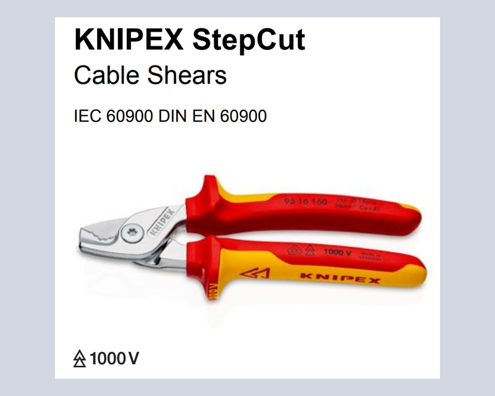 กรรไกรตัดสายเคเบิ้ล Knipex 95 16 160 SB Cable Shears ด้ามจับหุ้มฉนวน VDE 160 มม.