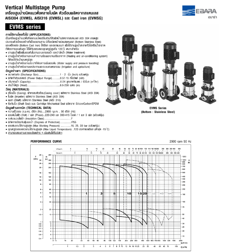 ปั๊มหอยโข่ง Ebara EVMS3 5F5/0.55 ปั๊มน้ำหลายใบพัดแบบตั้ง 1 นิ้ว X 1 นิ้ว