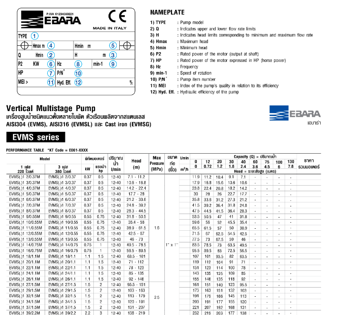 ปั๊มหอยโข่ง Ebara EVMS3 15F5/1.5 ปั๊มน้ำหลายใบพัดแบบตั้ง 1 นิ้ว X 1 นิ้ว