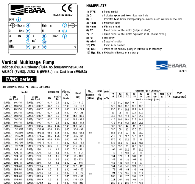 ปั๊มหอยโข่ง Ebara EVMS3 11F5/1.1 ปั๊มน้ำหลายใบพัดแบบตั้ง 1 นิ้ว X 1 นิ้ว ปั๊มหอยโข่ง Ebara EVMS3 11F5/1.1 ปั๊มน้ำหลายใบพัดแบบตั้ง 1 นิ้ว X 1 นิ้ว