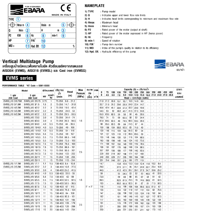 ปั๊มหอยโข่ง Ebara EVMS10 7F5/3 ปั๊มน้ำหลายใบพัดแบบตั้ง 1 นิ้วครึ่ง X 1 นิ้วครึ่ง