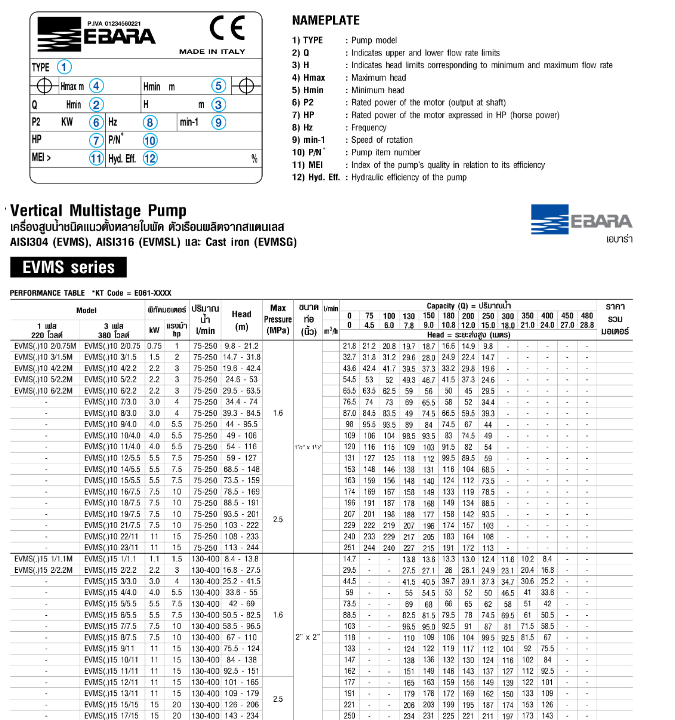 ปั๊มหอยโข่ง Ebara EVMS10 19F5/7.5 ปั๊มน้ำหลายใบพัดแบบตั้ง 1 นิ้วครึ่ง X 1 นิ้วครึ่ง